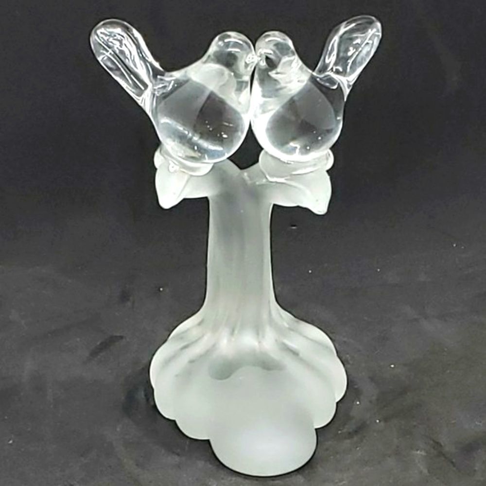 Silvestri Vintage Clear Kissing Love Birds on Frosted Branch Art Glass Figurine
